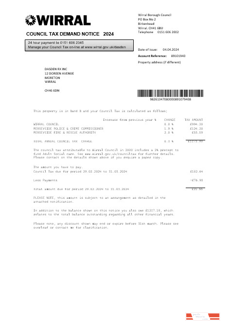 United Kingdom Wirral council tax business utility  bill template in Word and PDF formats